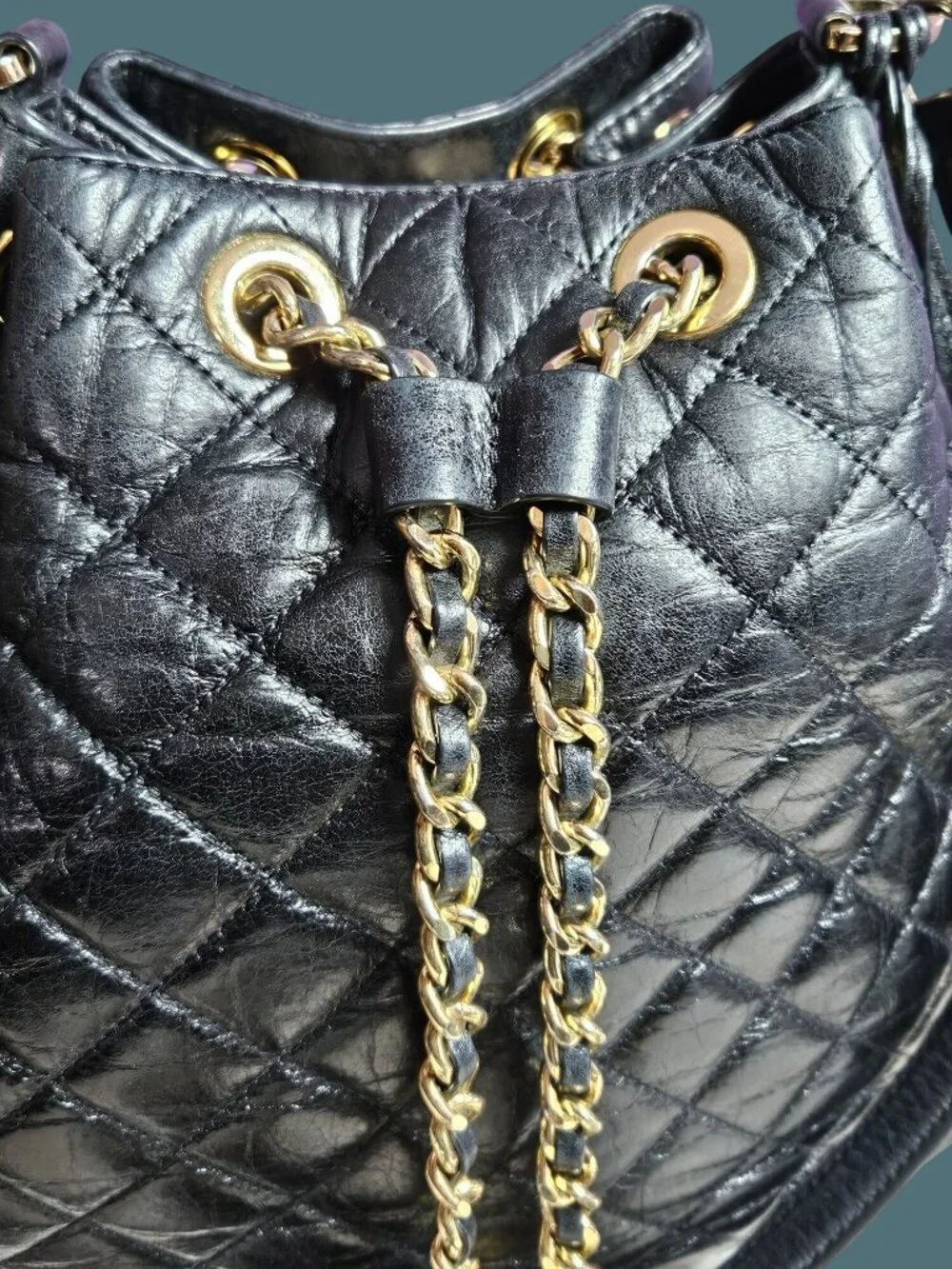 Michael Kors Frankie Black Leather Quilted Drawstring Convertible Bucket Bag